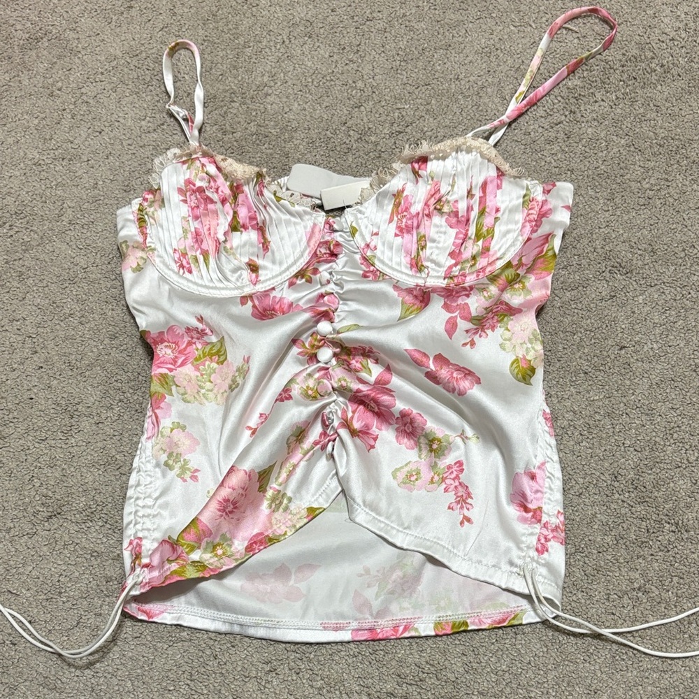 For Love & Lemons Pink Floral Satin Button-Front Cami